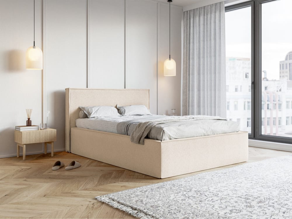 Polsterbett 140x200 mit Chenille-Bezug und Stauraum, Hellbeige -
