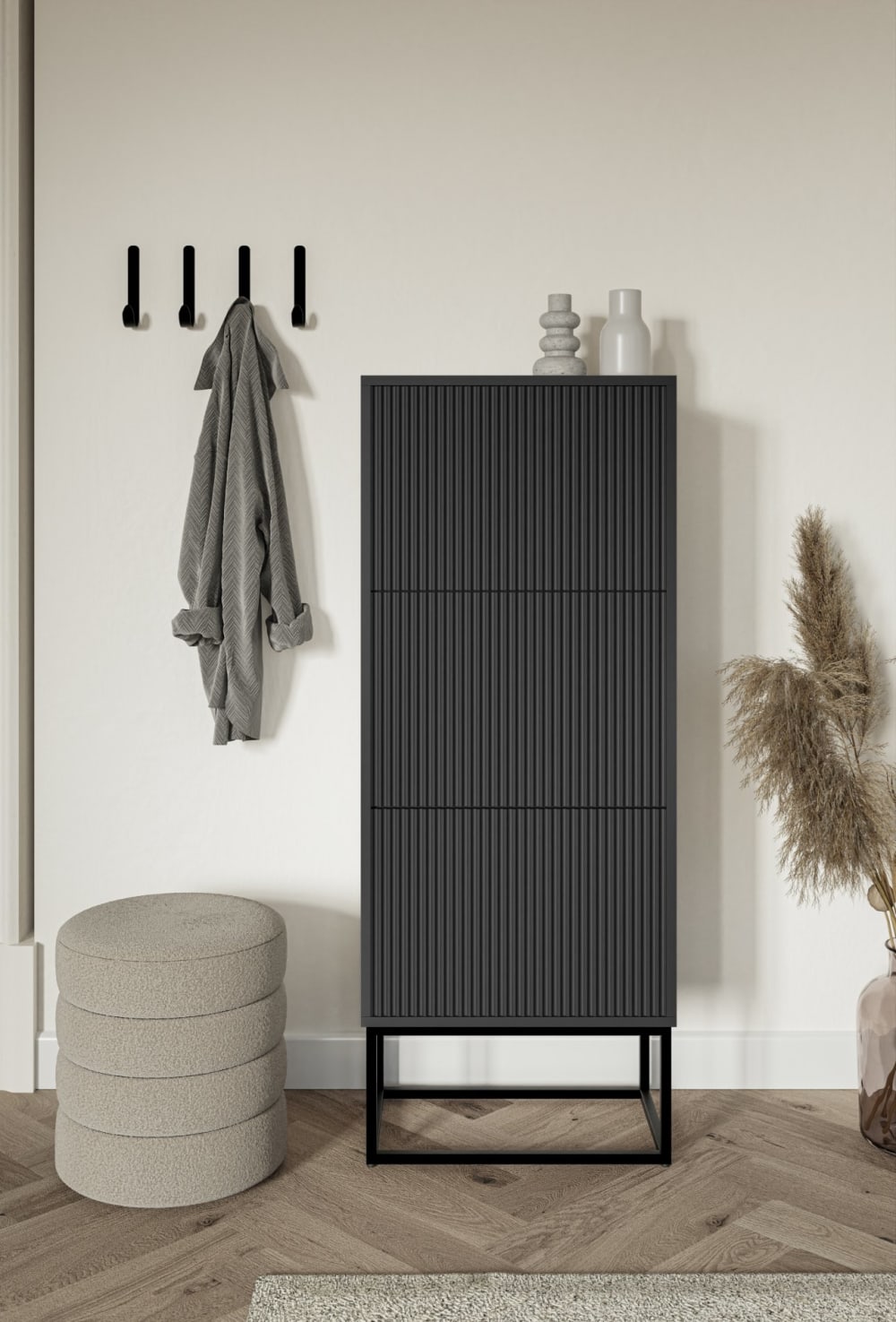 Meuble à chaussures 3 portes noir avec pieds noires 50 cm