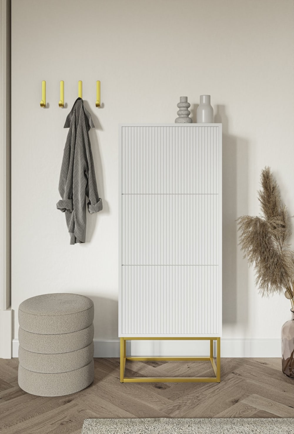 Schuhschrank mit 3 Klappen, Weiß mit goldenem Metallgestell, 50