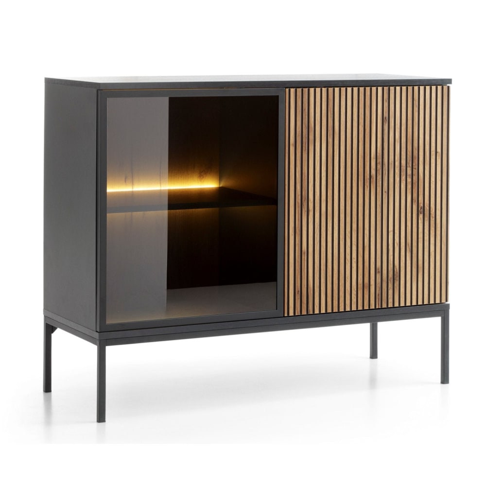 Selsey Sideboard 2-türig mit LED, Schwarz/Holzoptik, 104 cm style modern Schwarz Spanplatte
