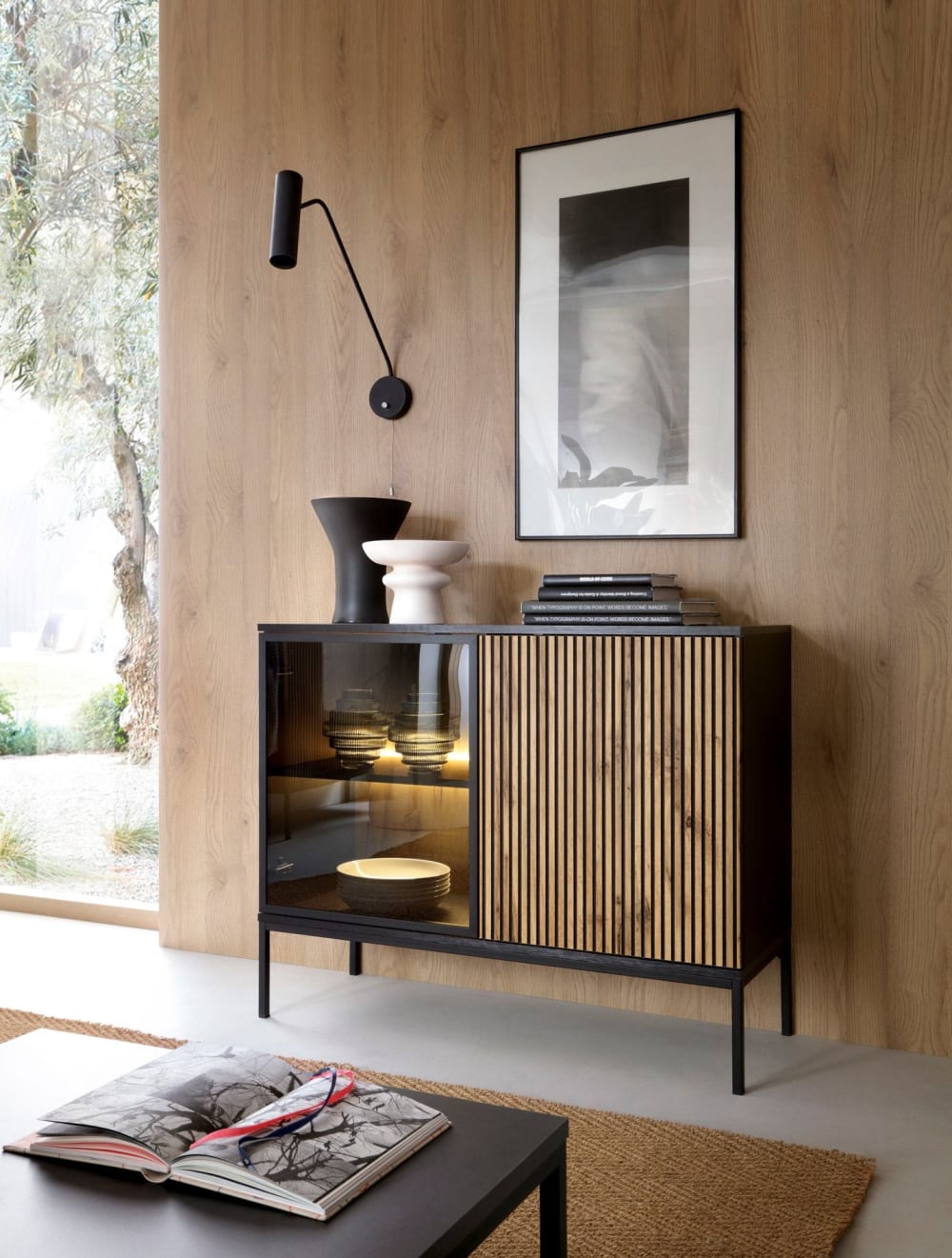 Sideboard 2-türig mit LED, Schwarz/Holzoptik, 104 cm - Maisons Du
