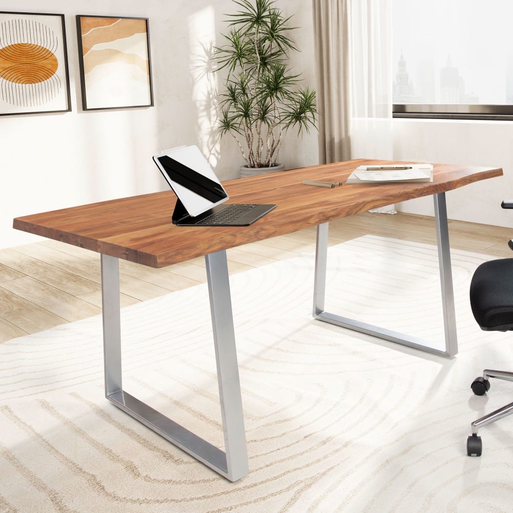 Bureau 140 cm en bois d'acacia massif, marron