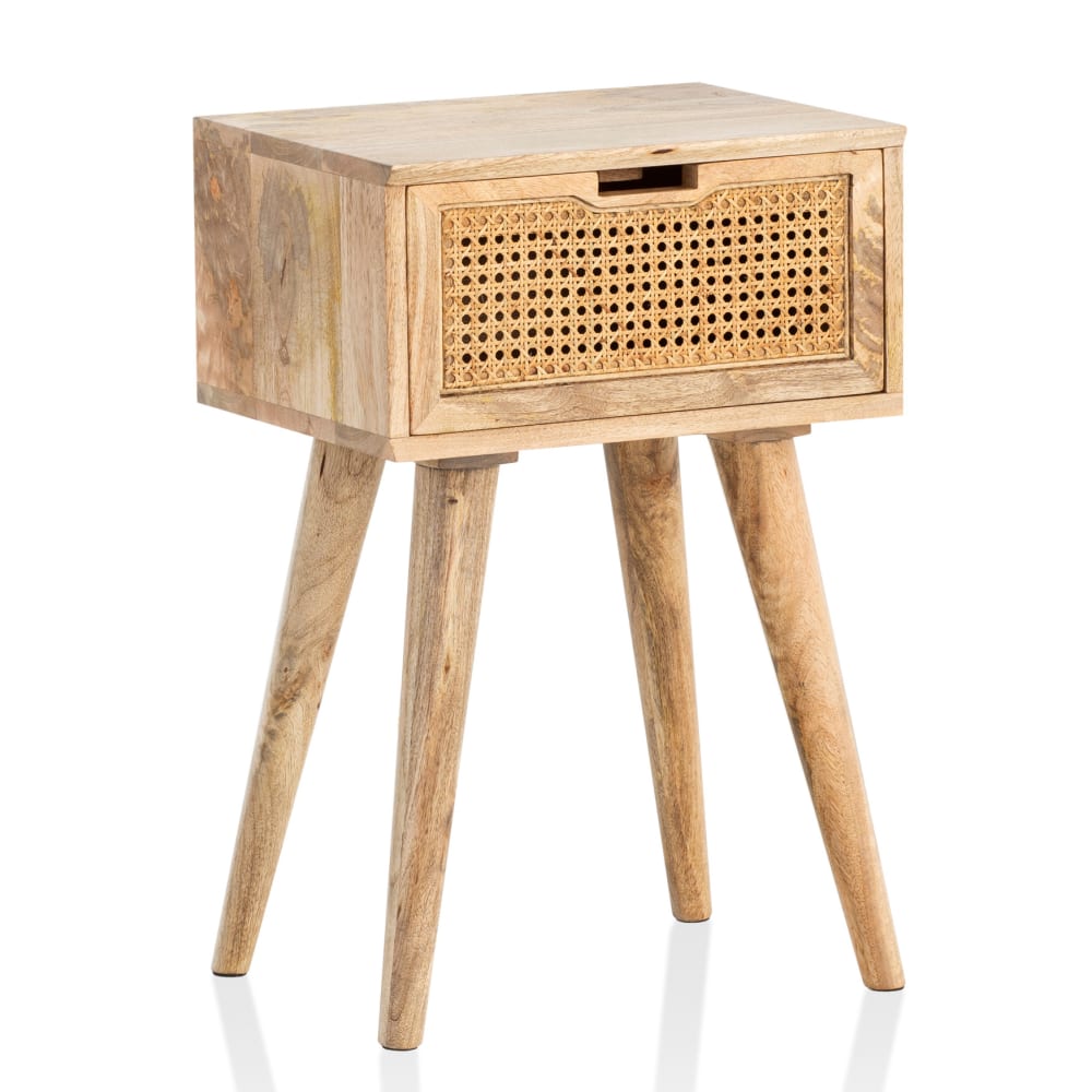 Nachttisch mit Wiener Geflecht und Schublade aus Mangoholz, Braun