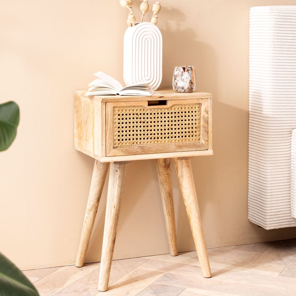 Nachttisch mit Wiener Geflecht und Schublade aus Mangoholz, Braun