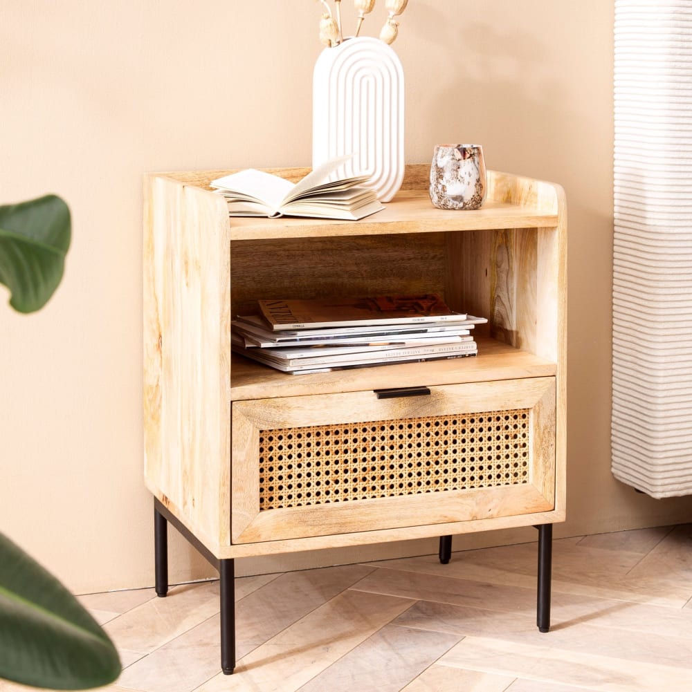 Nachttisch mit Wiener Geflecht und Schublade aus Mangoholz, Braun