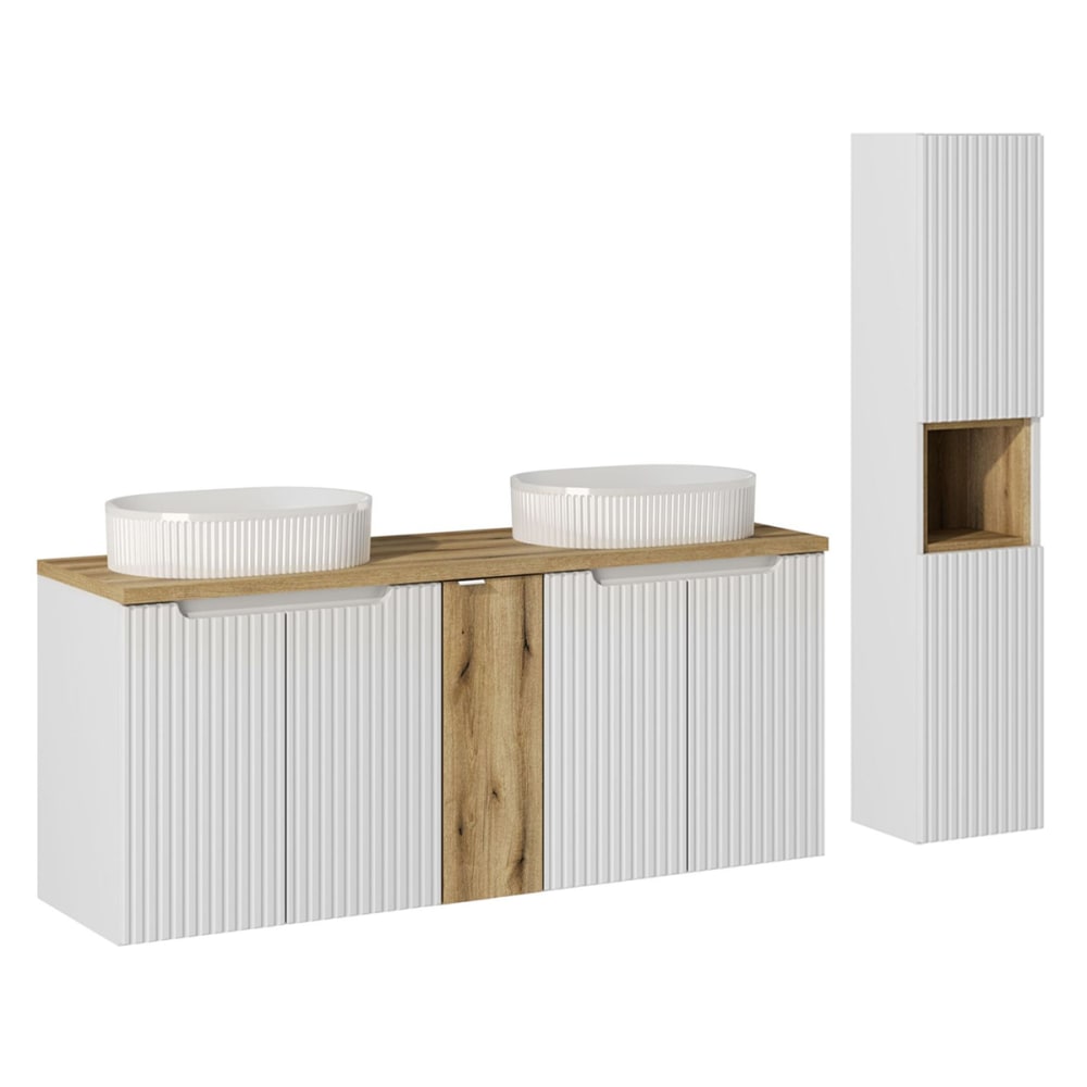 Doppelwaschtisch 140cm 5 Türen Melamin Weiß und Holz - Maisons Du