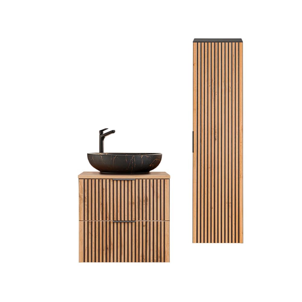 Set aus Einzelwaschtisch 60cm Melamin Holz in Eichenoptik und