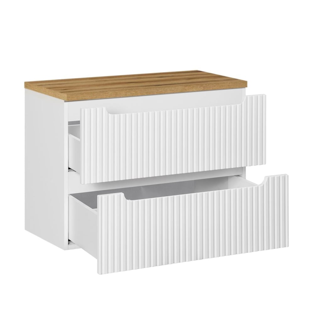 Waschtisch 80cm 2 Schubladen Melamin Weiß und Holz - Maisons Du