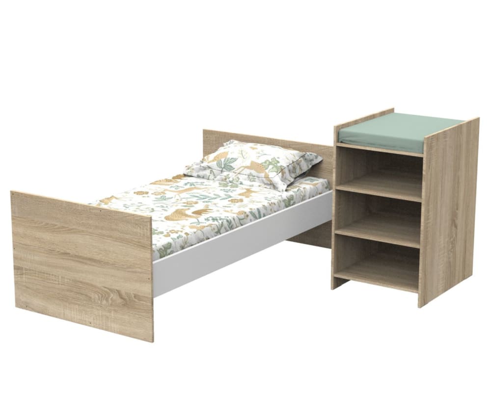 Lit combiné évolutif en décor bois avec commode à langer étagère - Maisons du Monde