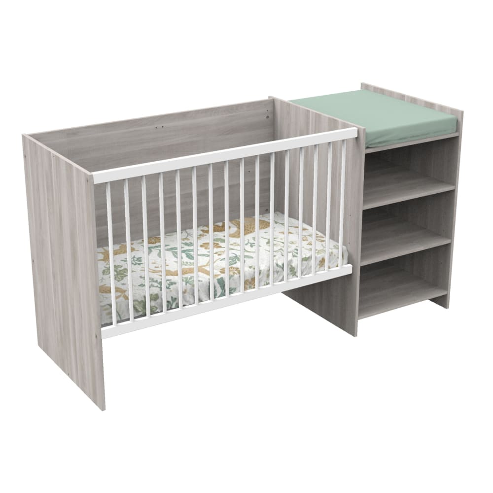 Lit+bebe+combine+evolutif+en+decor+bois+avec+commode+à+langer+etagere