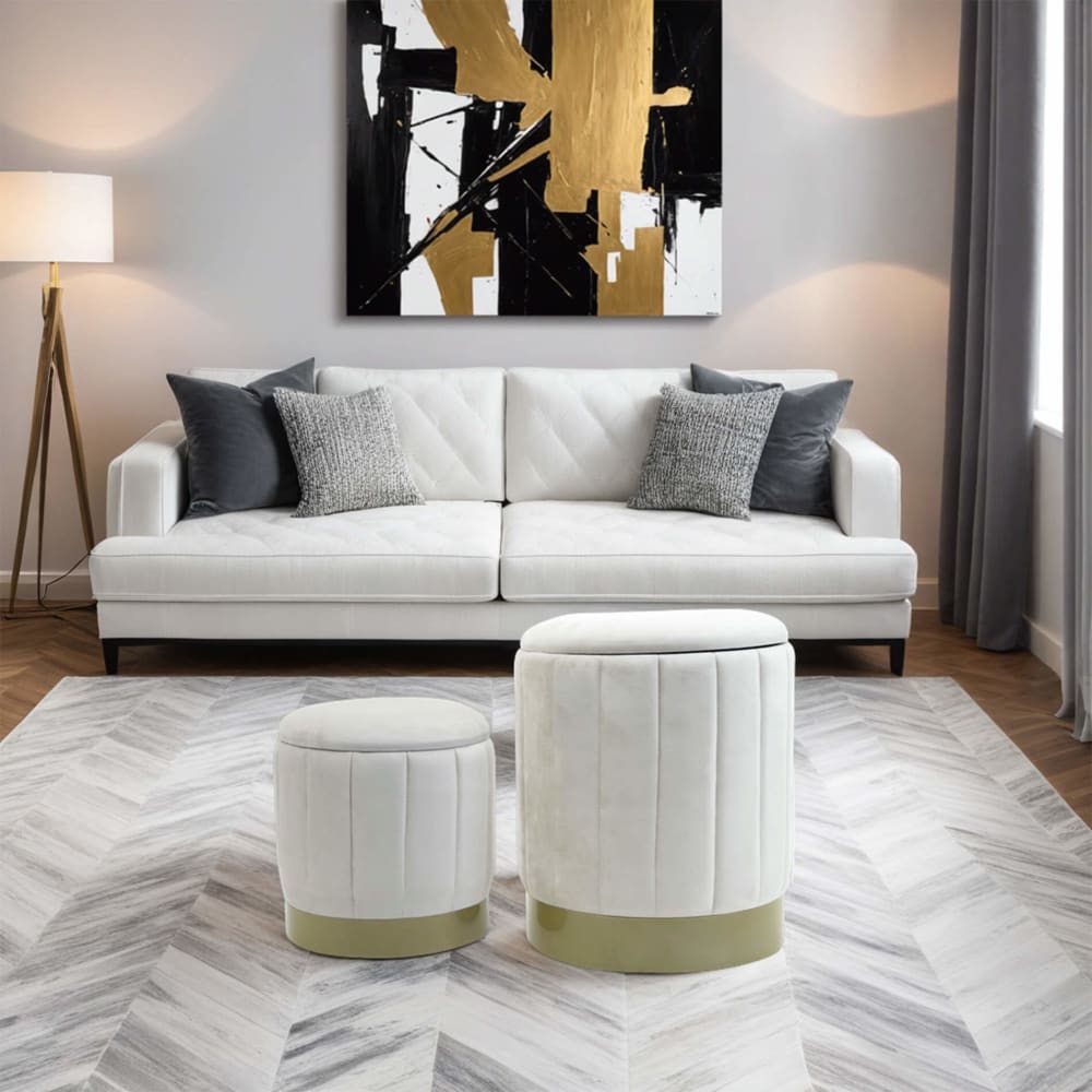 Ensemble de 2 poufs de rangement en tissu effet velours blanc - Maisons du Monde