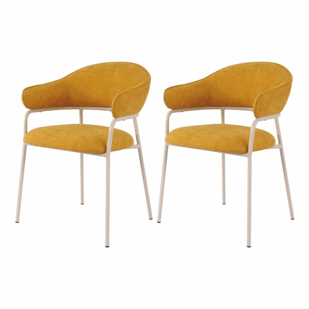 Ensemble de 2 chaises de salle à manger moutarde et blanc en tissu Ensemble de 2 chaises de salle à manger moutarde et blanc en tissu