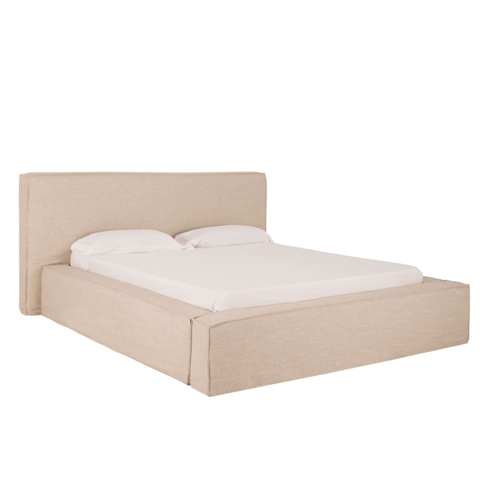 Lit déhoussable en lin beige pour matelas 180x200cm