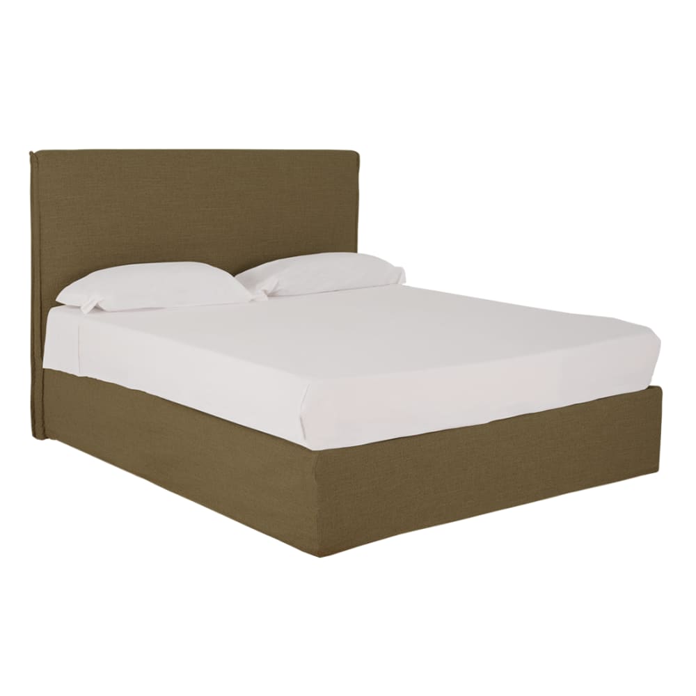 Lit coffre déhoussable en lin vert pour matelas 100x200cm
