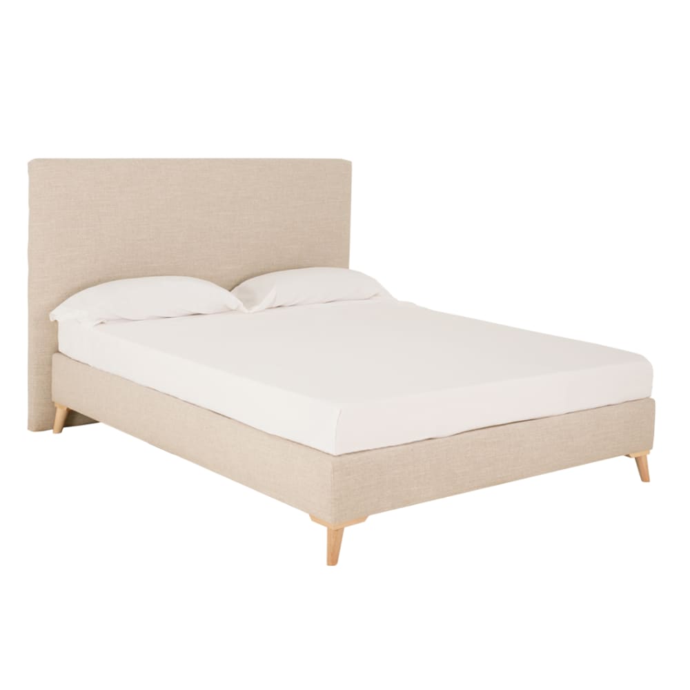 Cama tapizada de lino beige para colchón 160x200cm