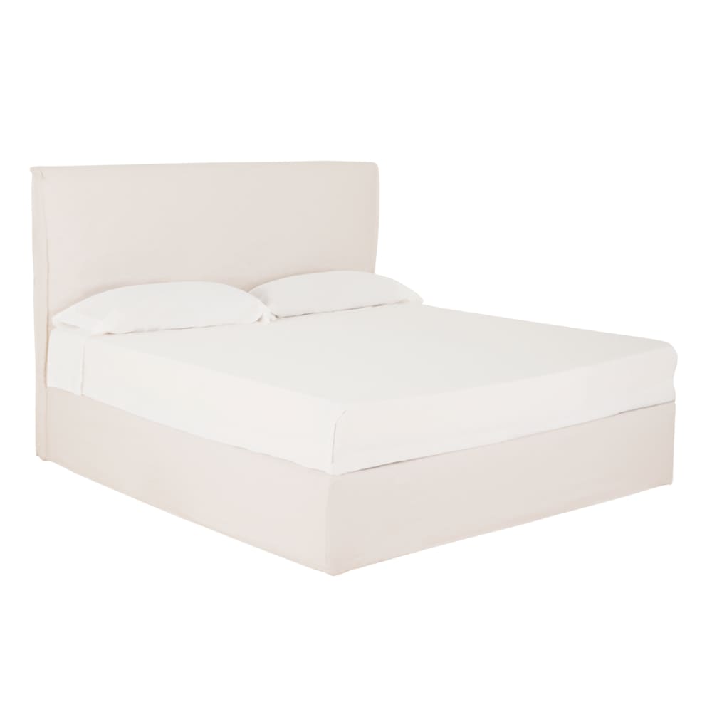 Lit coffre déhoussable en lin blanc pour matelas 160x200cm