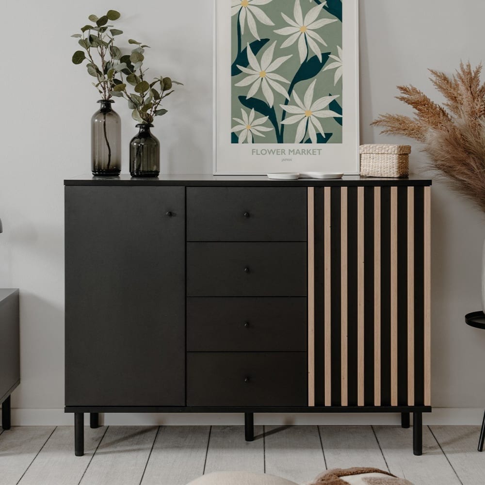 Buffet 2 portes et 4 tiroirs noir et bois - l118 cm - Maisons du Monde