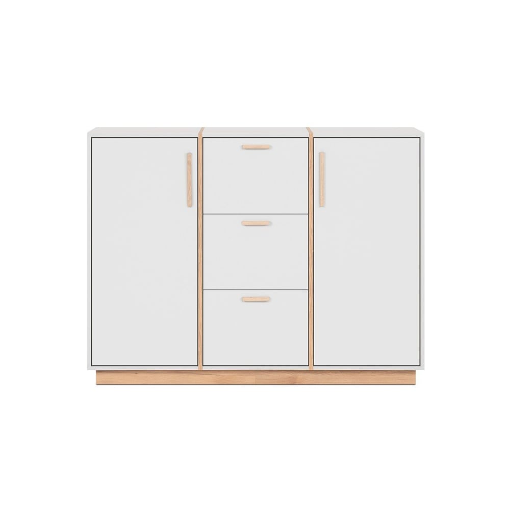 Buffet 2 portes et 3 Tiroirs décor Blanc et Bois - L125 cm