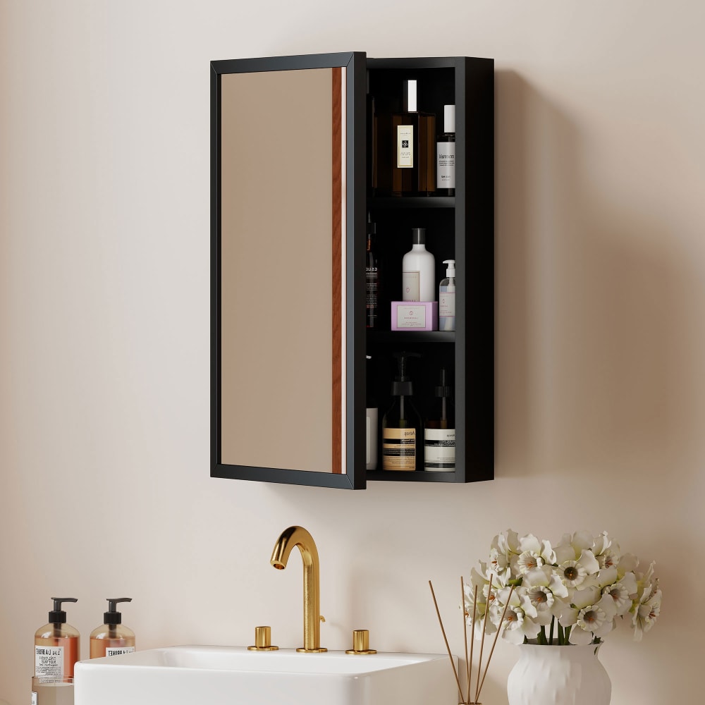 Armoire miroir murale salle de bain porte 2 étagères acier inox. Noir - Maisons du Monde