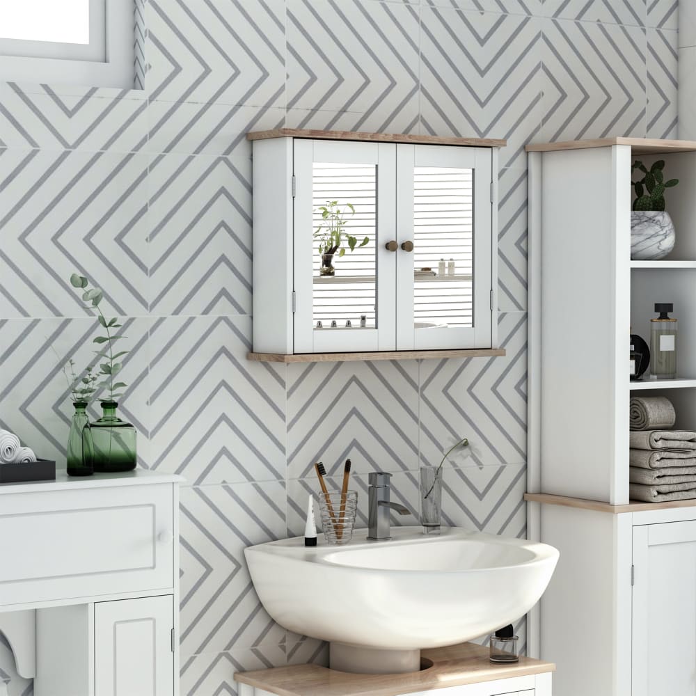 Armoire miroir murale salle de bain 2 portes étagère blanc aspect bois - Maisons du Monde