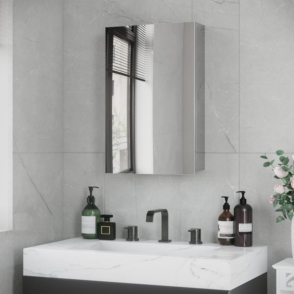 Armoire miroir murale salle de bain porte 2 étagères cm acier inox. - Maisons du Monde