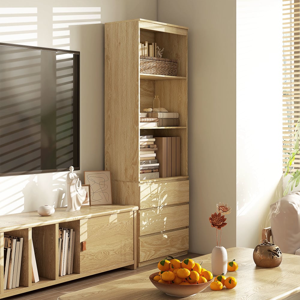 3-Etagen-Bibliothek mit Schubladen & Naturholz-Optik - Maisons Du