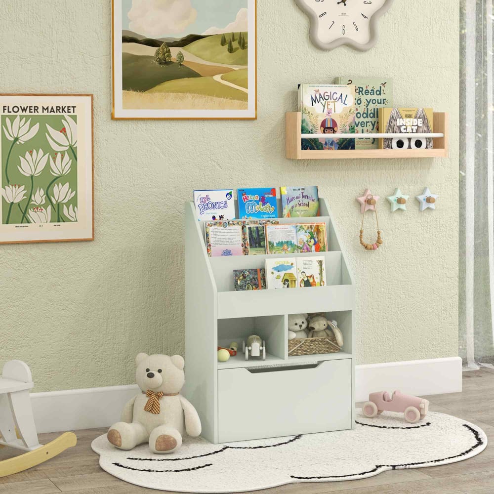 Bibliothèque multi-rangement 3 étagères 2 niches grand tiroir vert - Maisons du Monde