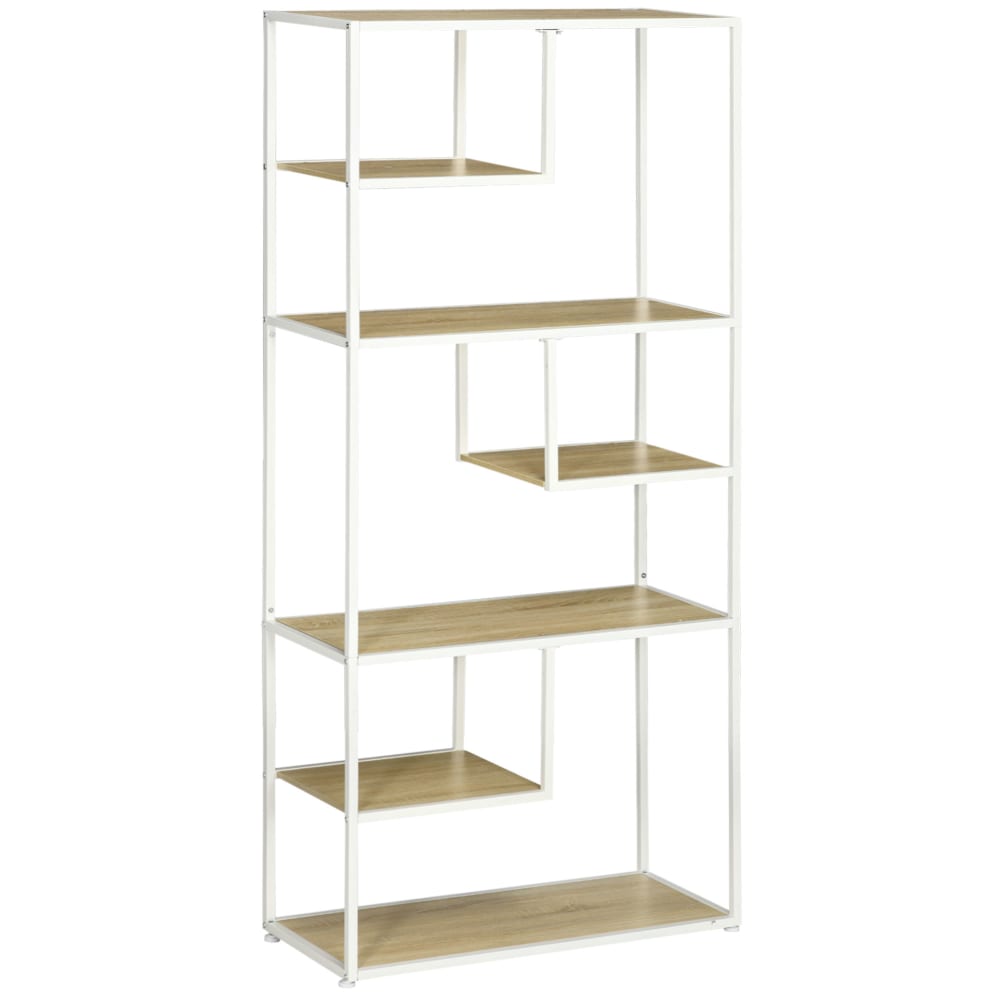 Homcom Industriestil-Bibliothek 7 Ebenen, helles Holz & Weißstahl Beige Spanplatte