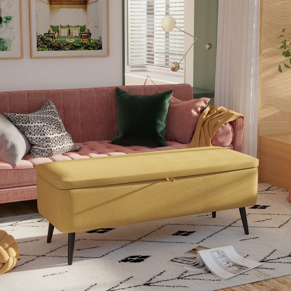 Banc coffre de rangement 2 en 1 piètement acier noir tissu moutarde