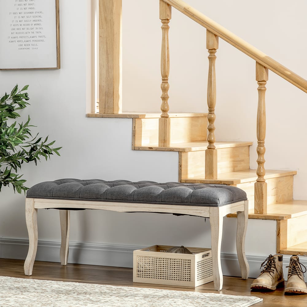 Banc banquette capitonnée style classique chic pieds bois lin gris