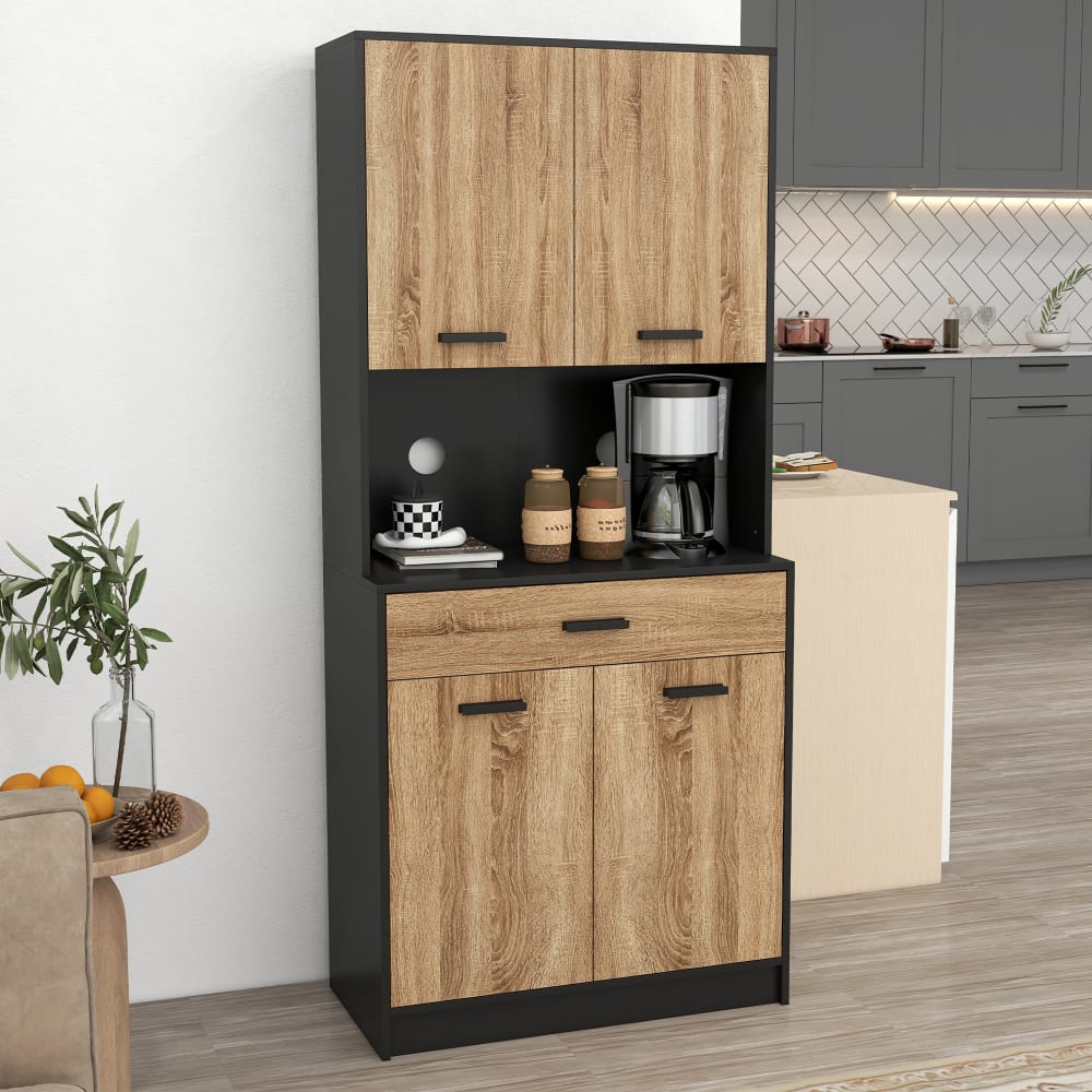 Buffet haut style industriel multi-rangement - noir aspect chêne clair