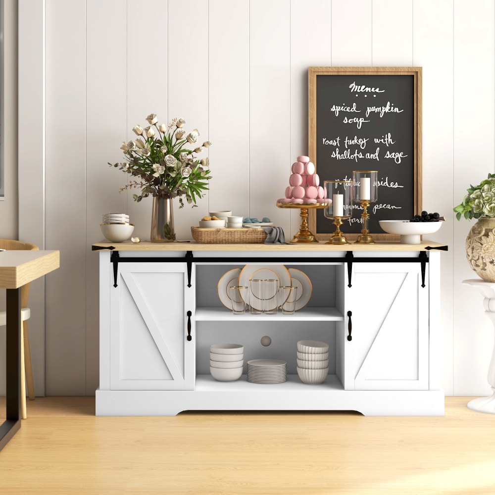 Buffet design 2 portes coulissantes 3 étagères blanc aspect bois clair - Maisons du Monde