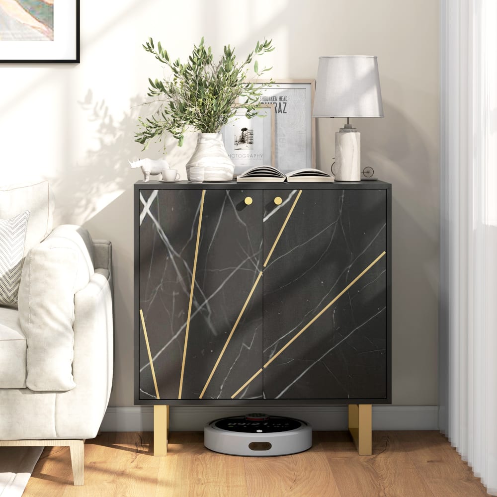 Buffet design - 2 portes, étagère - métal doré aspect marbre noir - Maisons du Monde