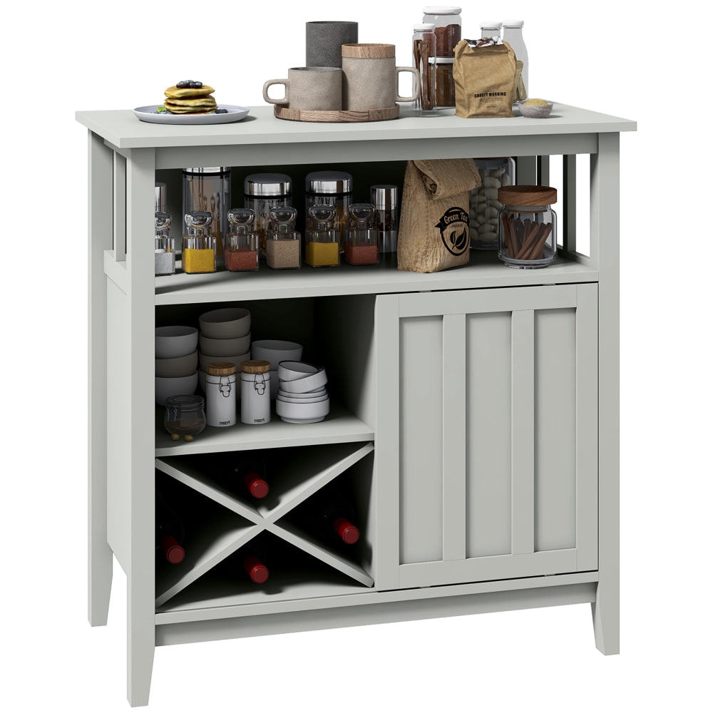 Buffet porte coulissante 2 étagères casier bouteilles niche gris clair