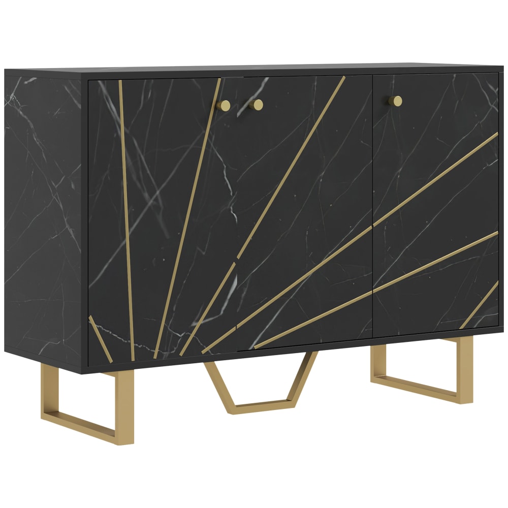 Buffet design - 3 portes, 2 étagères - métal doré aspect marbre noir