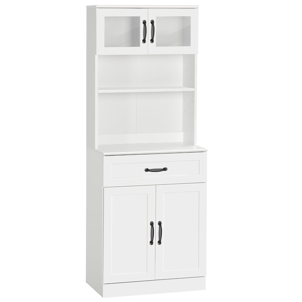 Buffet haut 4 portes multi-rangement métal noir verre trempé blanc