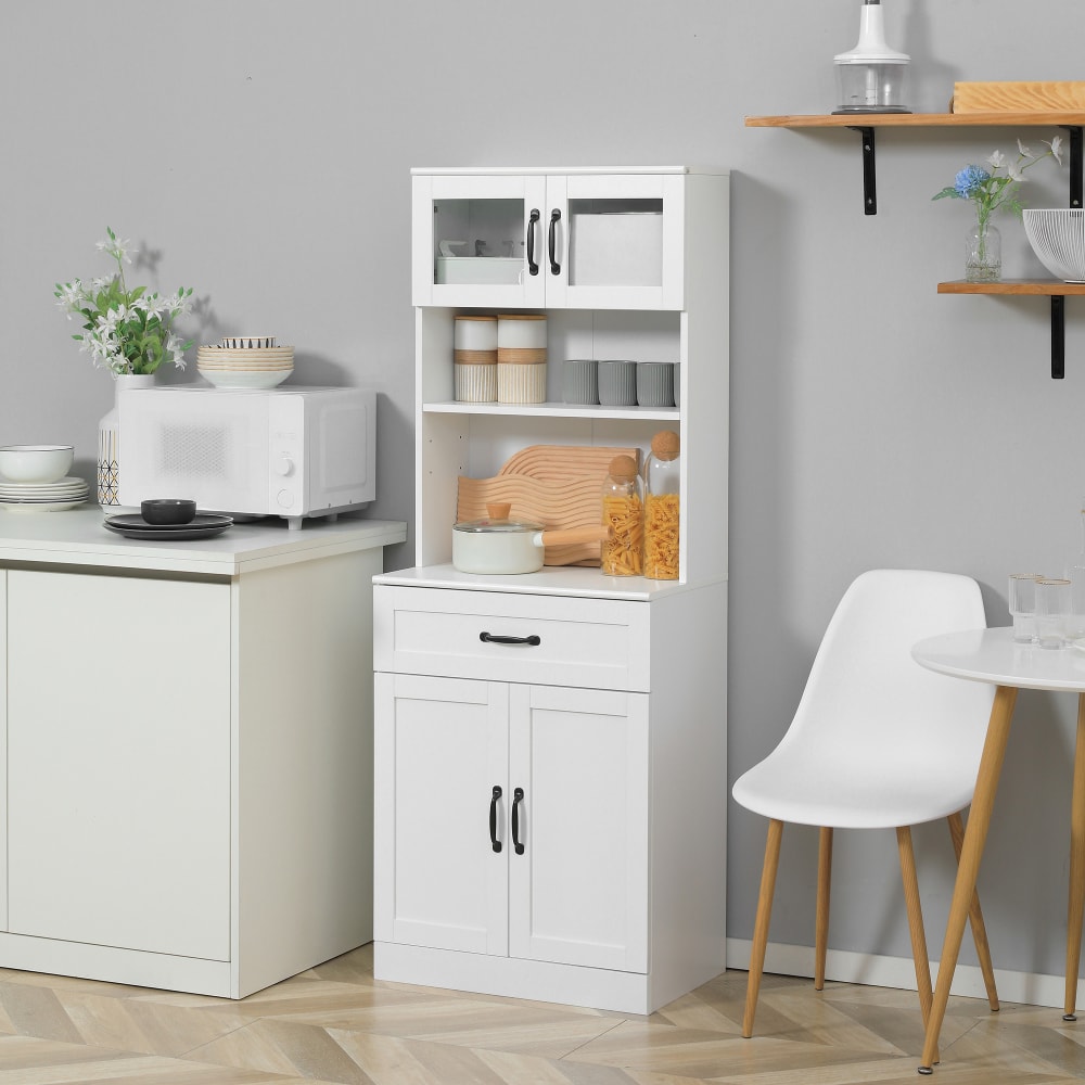 Buffet haut 4 portes multi-rangement métal noir verre trempé blanc