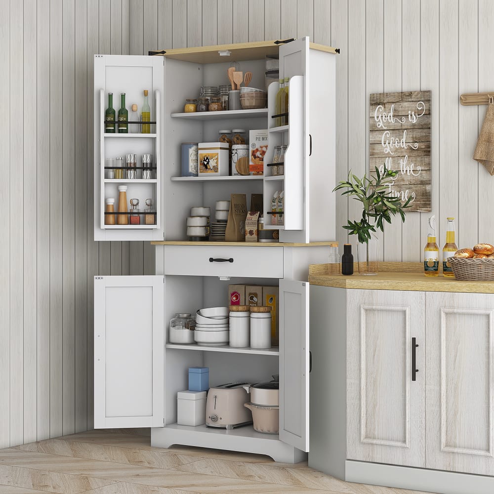 Buffet haut 4 portes multiples étagères tiroir blanc aspect bois - Maisons du Monde