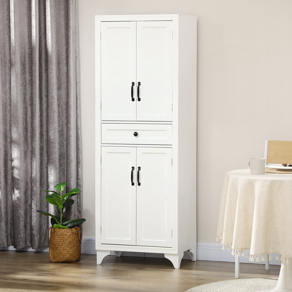 Buffet haut 4 portes 2 étagères tiroir coulissant blanc poignées noir - Maisons du Monde
