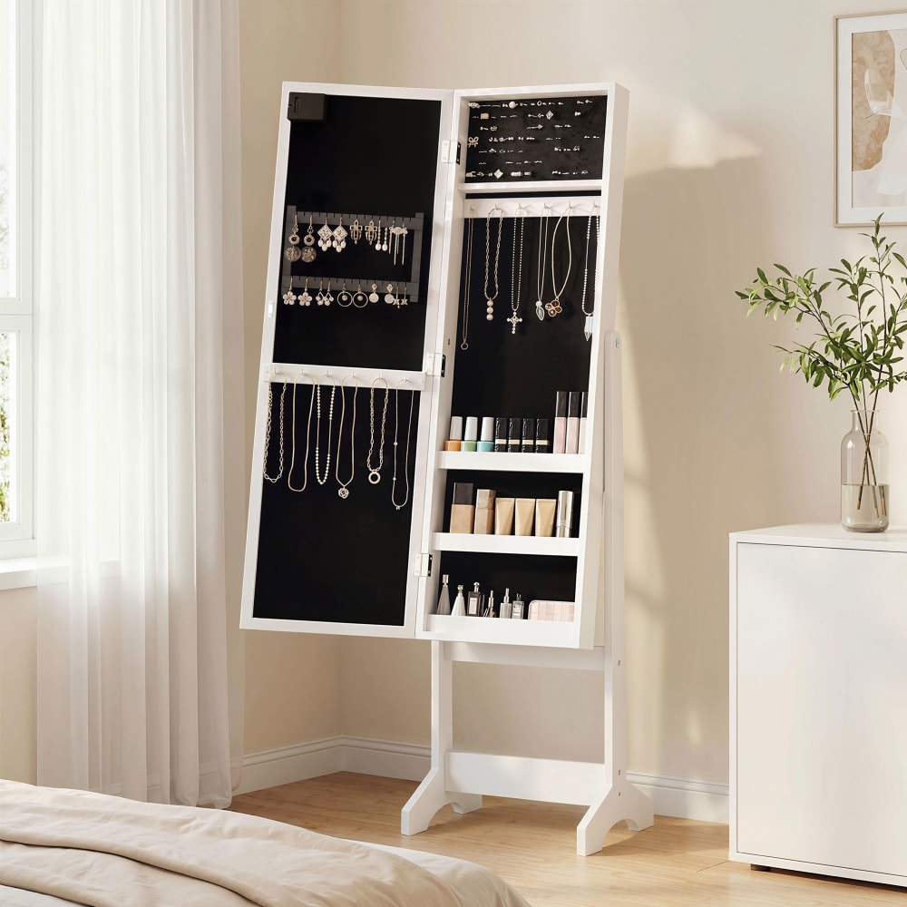 Armoire à bijoux sur pied avec miroir multi-rangement LED blanc