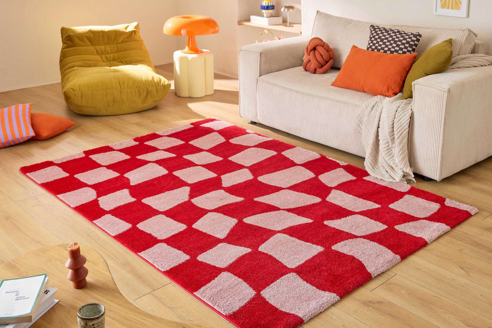 Tapis vintage style année 70 à motif damier rouge 200x280 — vue 3