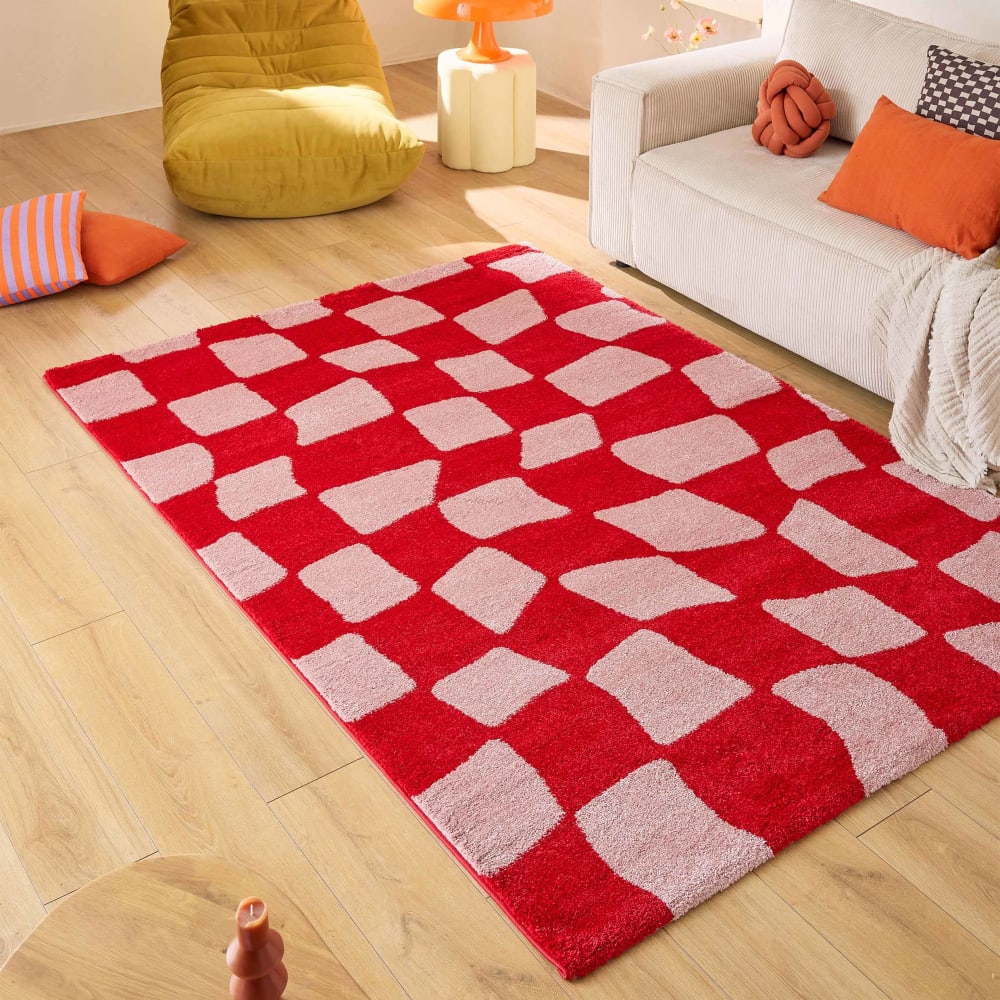 Tapis vintage style année 70 à motif damier rouge 160x230 — vue 3