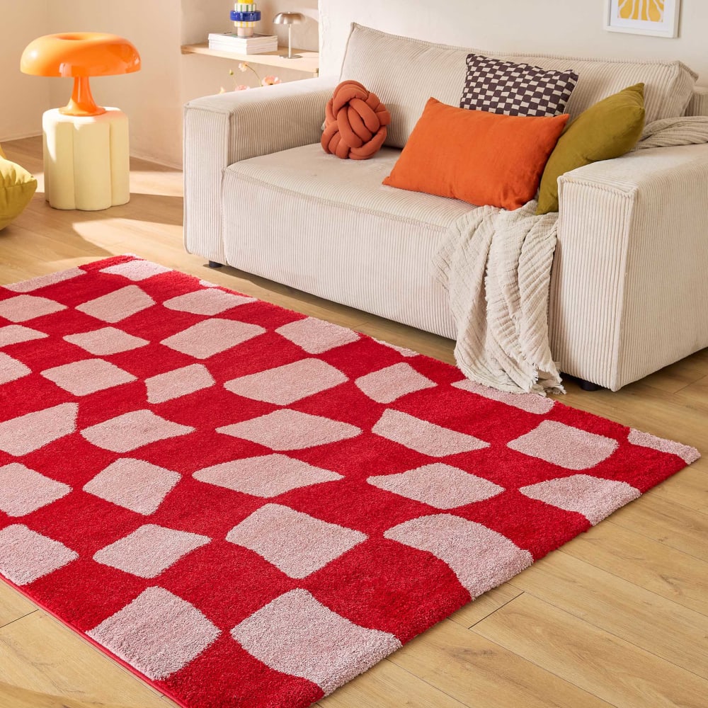 Tapis vintage style année 70 à motif damier rouge 160x230 — vue 4