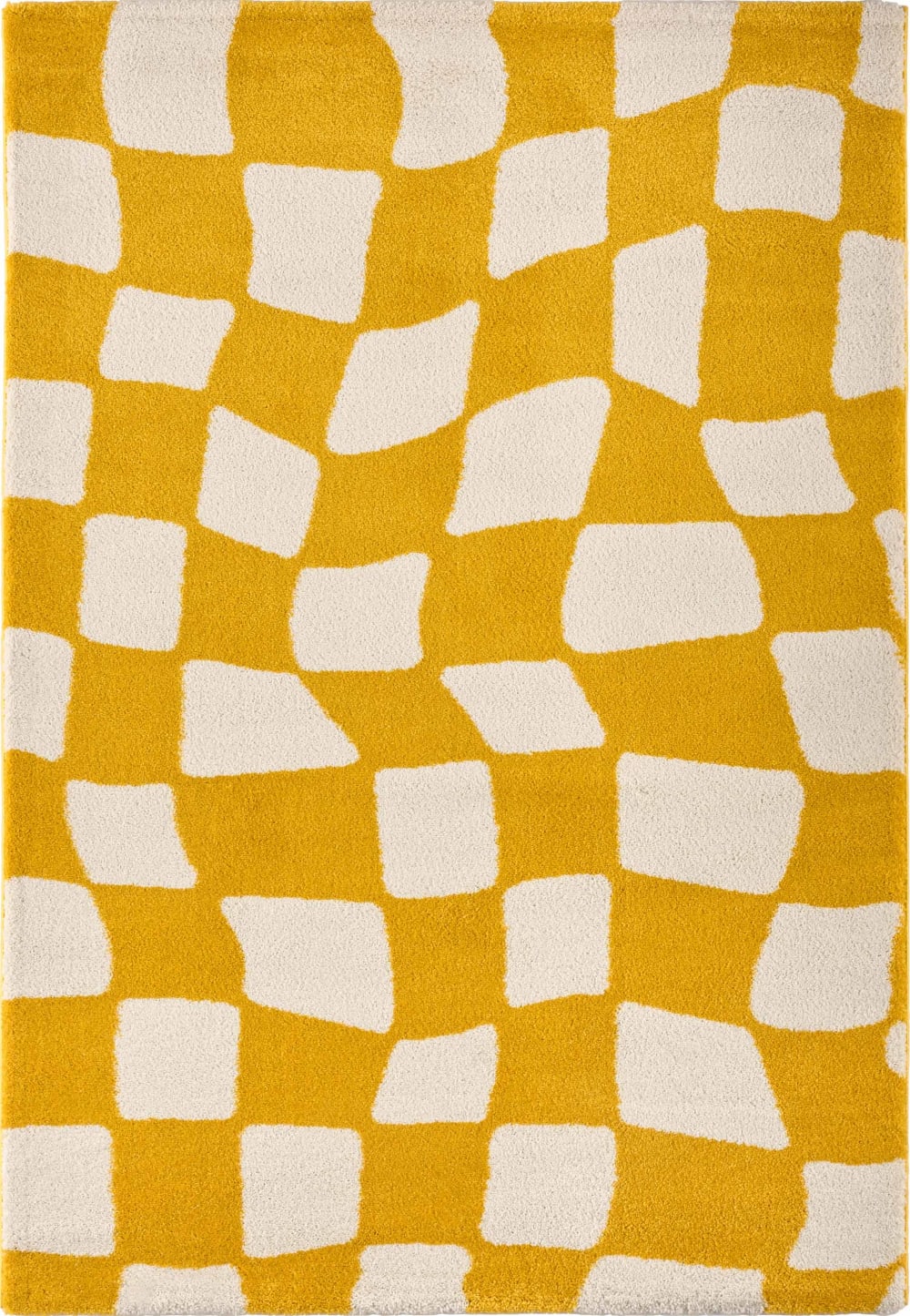 Tapis vintage style année 70 à motif damier jaune 160x230
