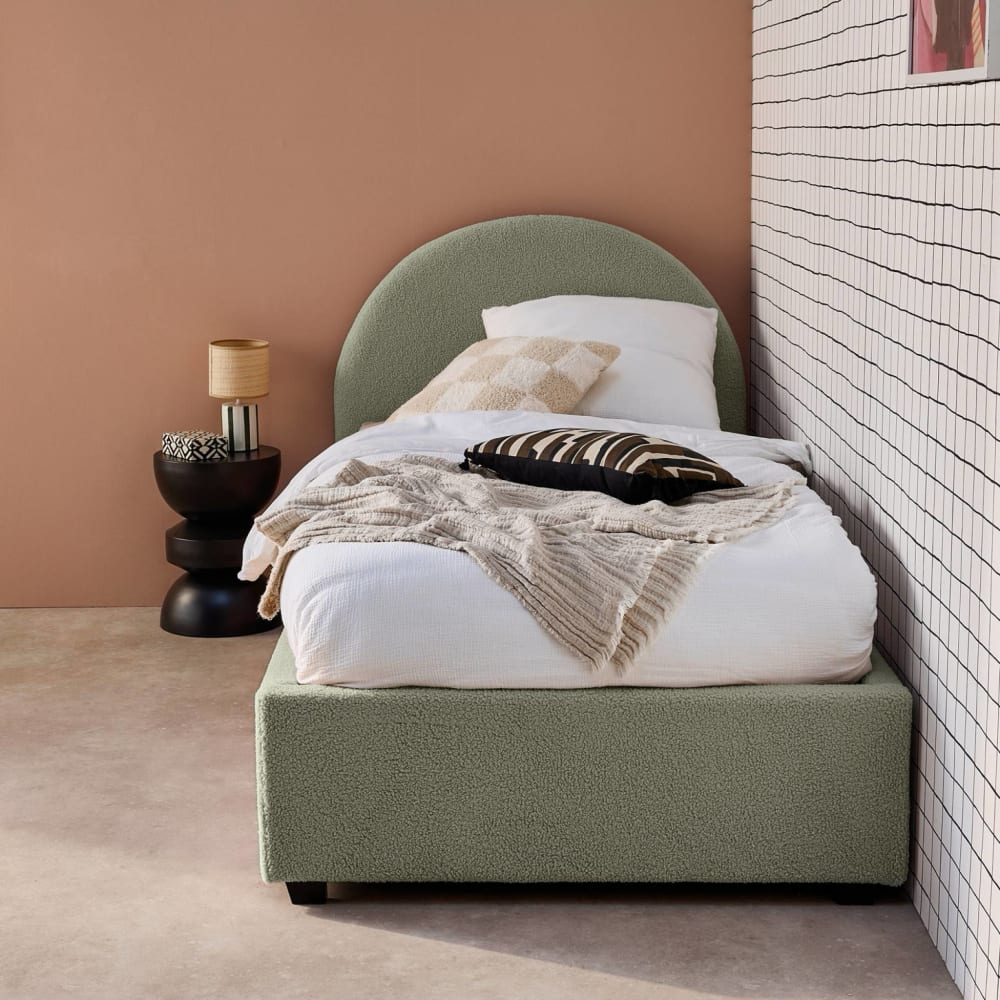 Lit coffre sommier à lattes et tête de lit, kaki, 90 x 190cm