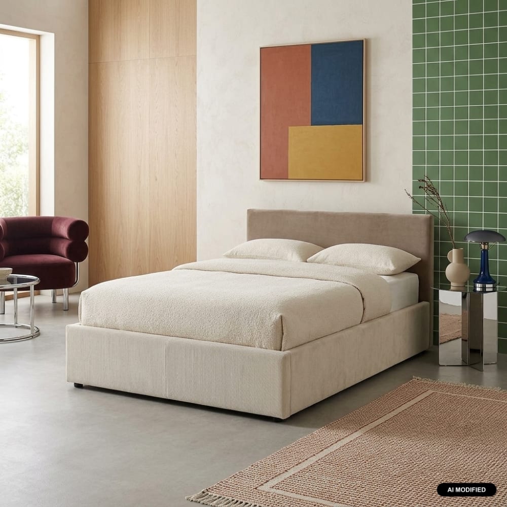 sweeek Boxbett mit Lattenrost und Kopfteil, weißer Cord style modern Samt Baby