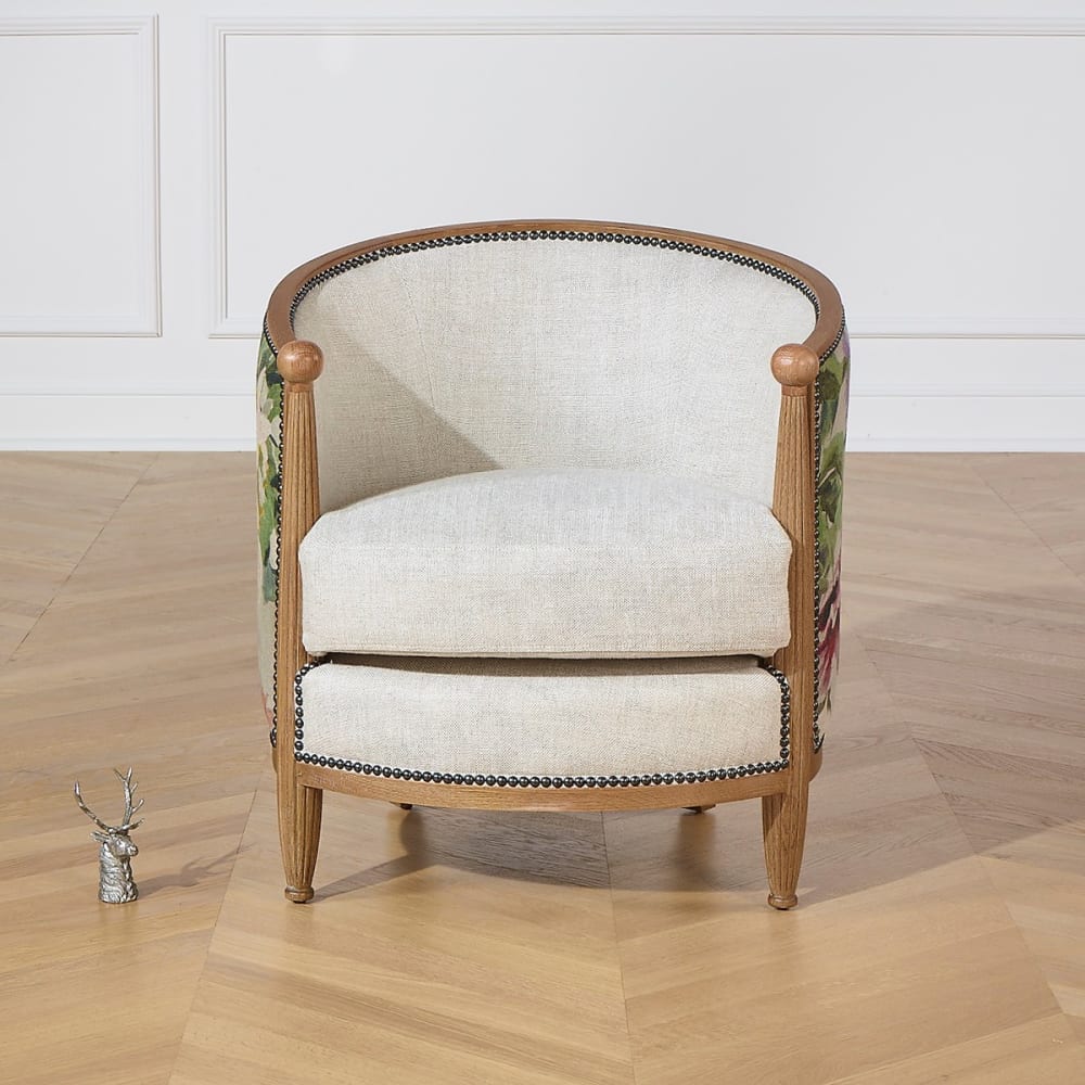 Fauteuil tonneau en chêne, lin premium et tissu fleuri à motifs
