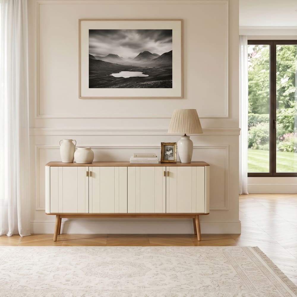 Buffet style contemporain, plateau en chêne, 4 portes blanc - Maisons du Monde