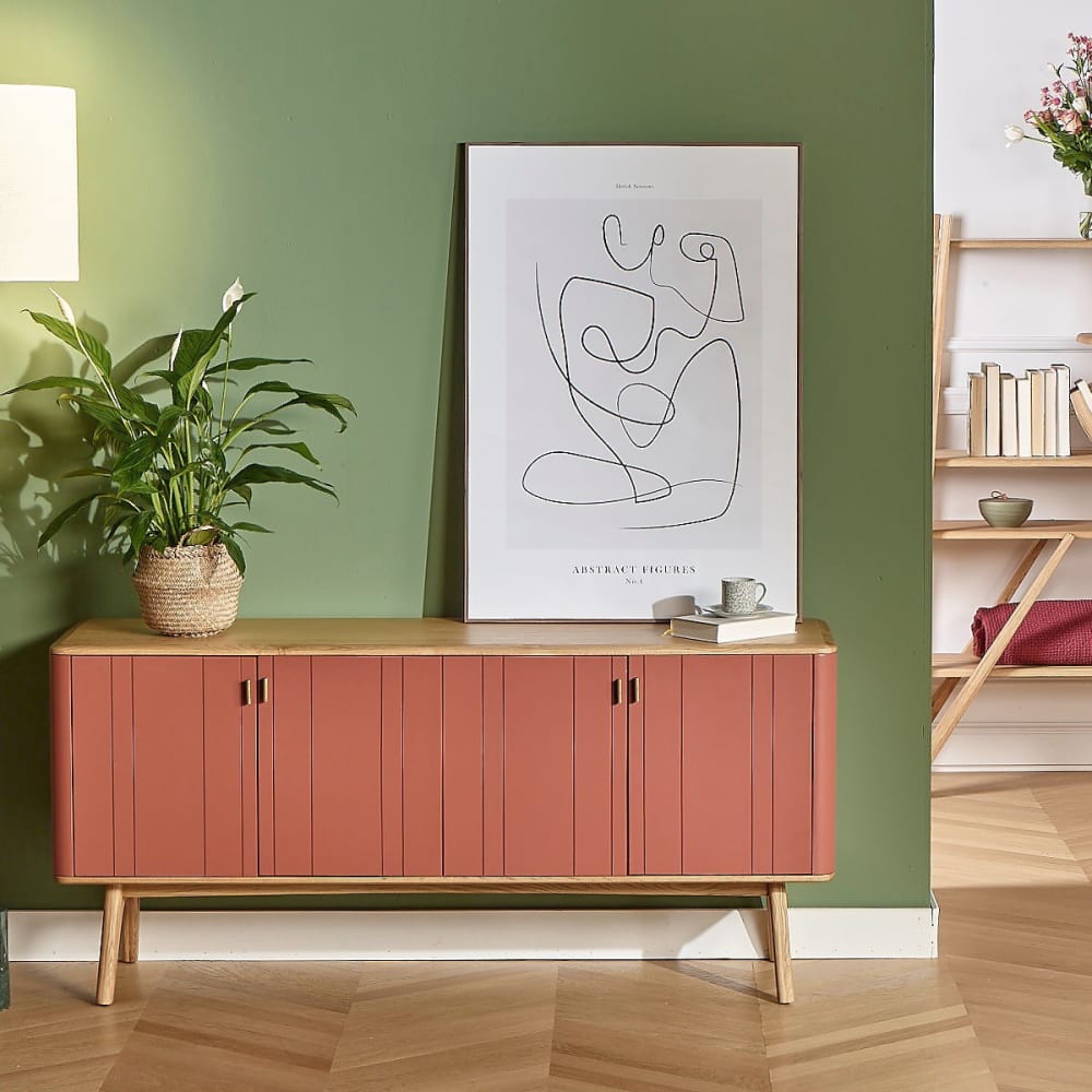 Buffet style contemporain, plateau en chêne, 4 portes rose