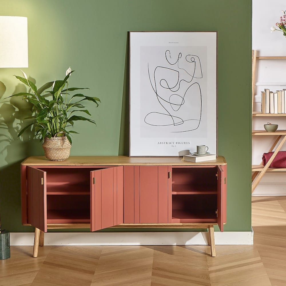 Buffet style contemporain, plateau en chêne, 4 portes rose - Maisons du Monde